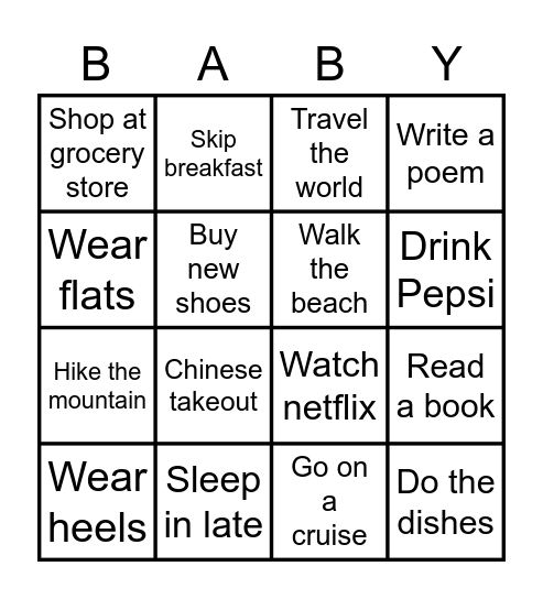 Ashley's Baby Shower Bingo Card