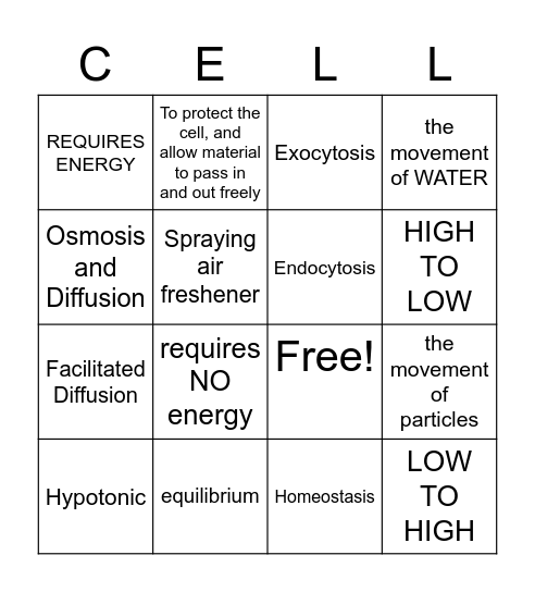 Cell Transport Bingo Card