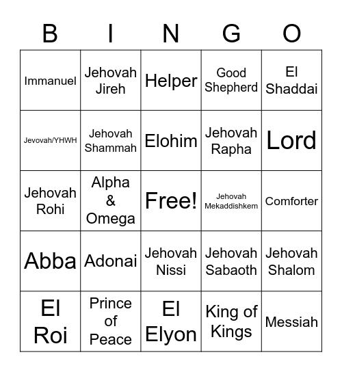 Names of God Bingo Card