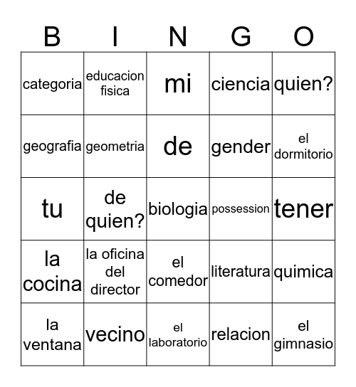 Vocabulario Bingo Card