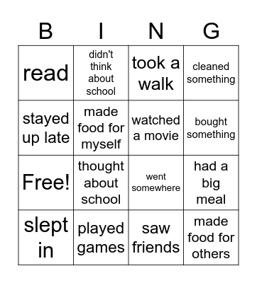 November Break Bingo Card