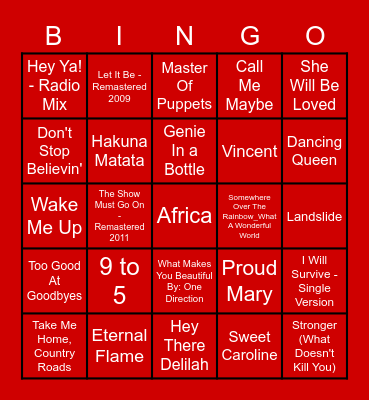 Pack Music Bingo Card