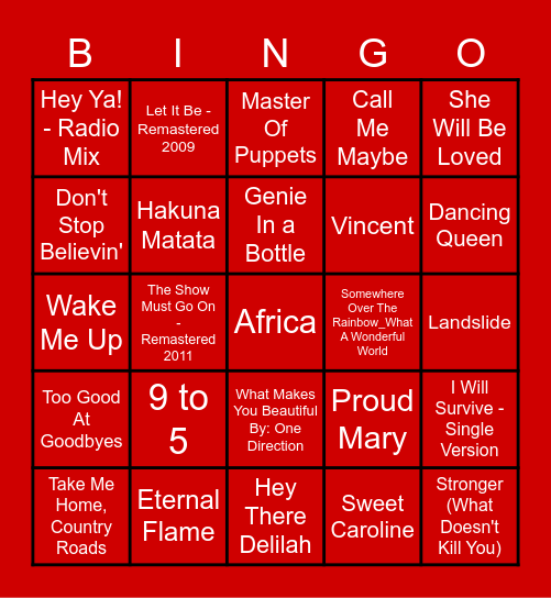 Pack Music Bingo Card