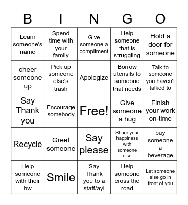 Acts of Kindness Bingo Card