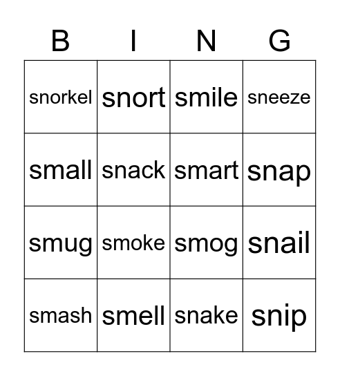 Blends with sm and sn Bingo Card