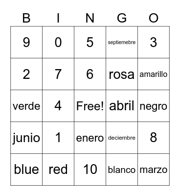 Los Numeros 1-10 Bingo Card