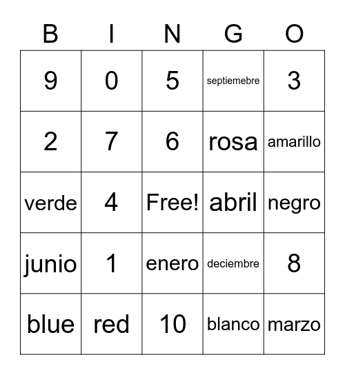 Los Numeros 1-10 Bingo Card