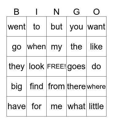 sight words Bingo Card