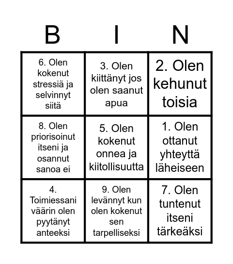 Tunteet ja ihmissuhteet Bingo Card