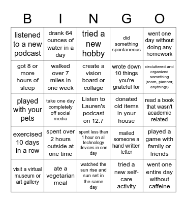 December Self-Care Bingo Card
