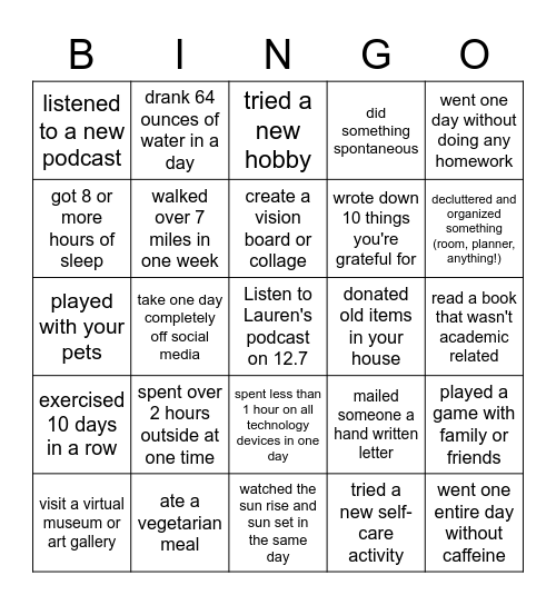 December Self-Care Bingo Card