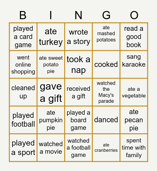 Thanksgiving Activities Bingo Card