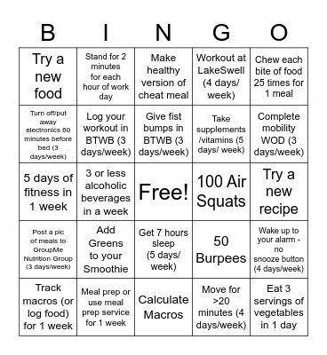 Holiday Fitness Bingo Card