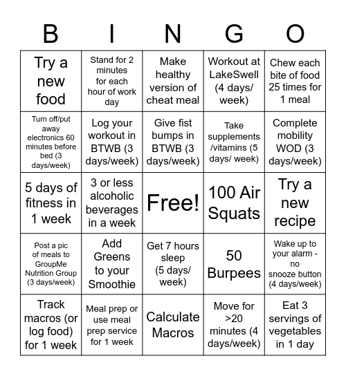 Holiday Fitness Bingo Card