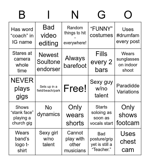 Instagram Drummer Bingo Card