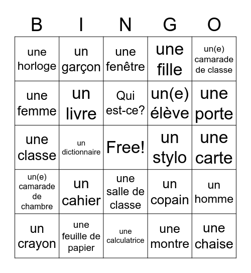 1B Contextes en français Bingo Card