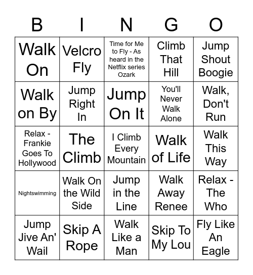 Bingo Songs With Jump/Walk(ing)/Swimming/Climb(ing)/Fly/Skip/Relax Bingo Card