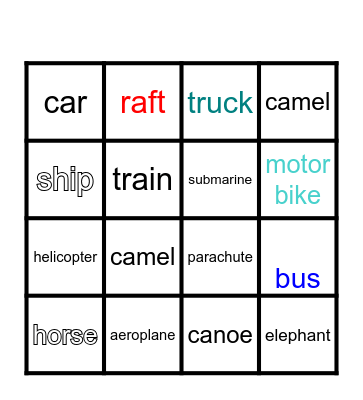 TRANSPORTATION BINGOr Bingo Card