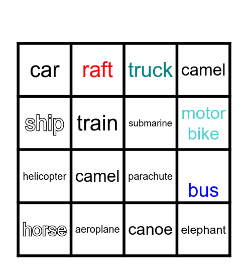 TRANSPORTATION BINGOr Bingo Card