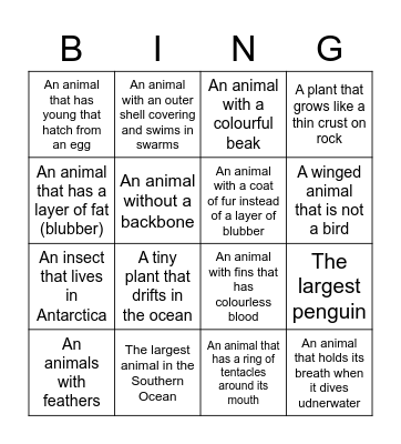 Antarctica Animal Bingo Card