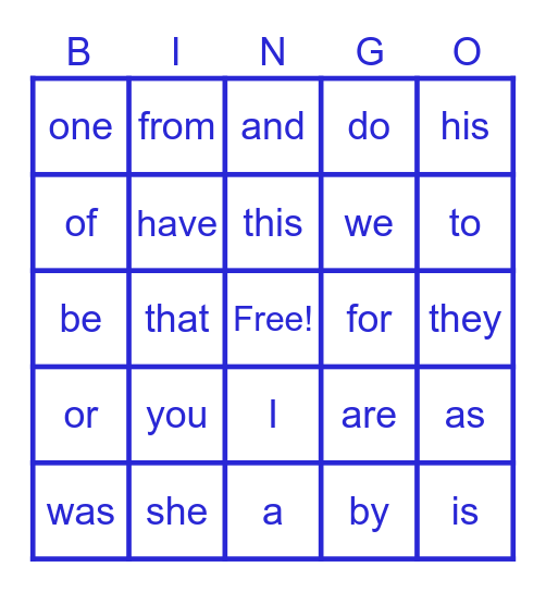 Sight word bingo Card