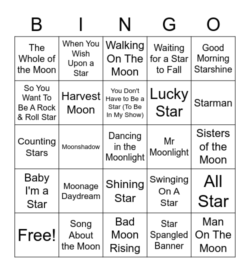 Songs With Star Or Moon In The Title Bingo Card