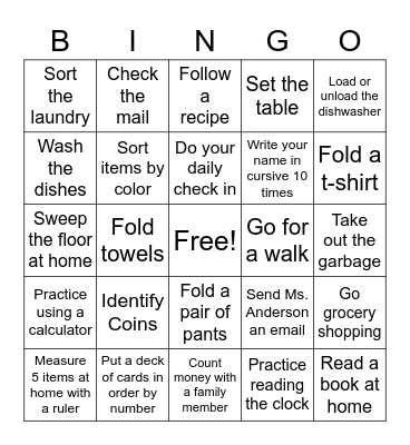 Life Skills BINGO for at home Bingo Card