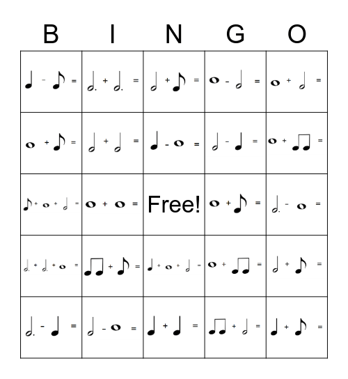 Musical Math Bingo Card