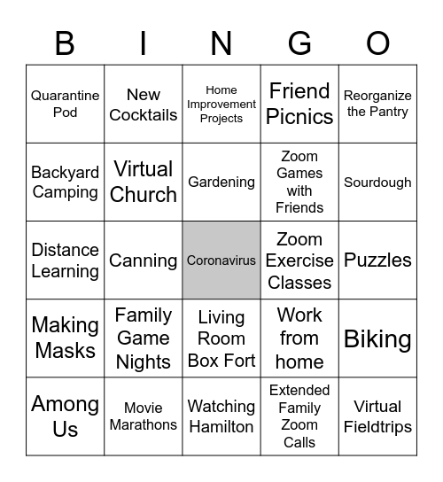 2020 Experiences Bingo Card