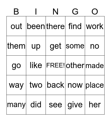 Sight Word Bingo Card