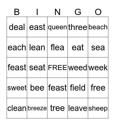ee, ie, ea BINGO Card