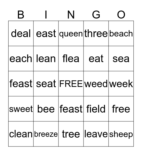 ee, ie, ea BINGO Card