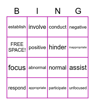 Unit 2: Academic Vocabulary Bingo Card