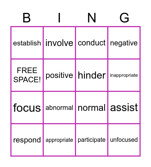 Unit 2: Academic Vocabulary Bingo Card