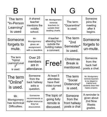 FHS Staff Meeting Bingo - Dec 2 Bingo Card