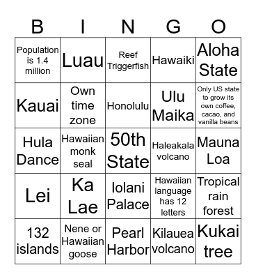 Hawaii Bingo Card