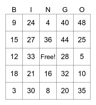 Multiplication Bingo Card