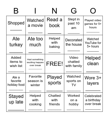 Thanksgiving Bingo Card