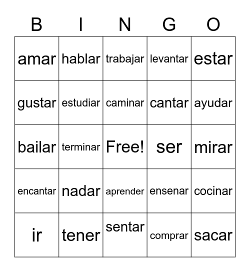 Verbs Bingo Card