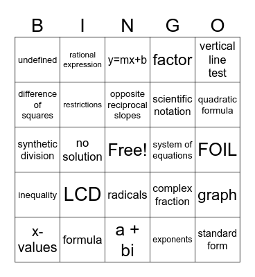 MAT1033 Final Review Bingo Card