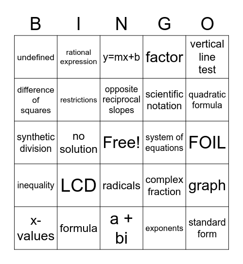 MAT1033 Final Review Bingo Card