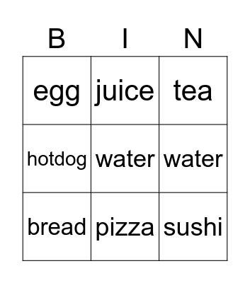 food Bingo Card