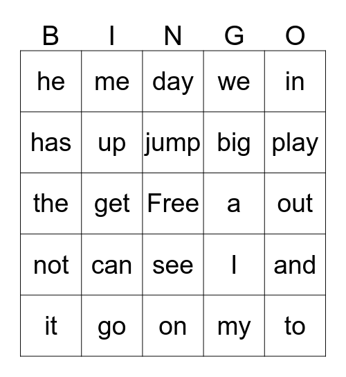 Sight Word Bingo Card