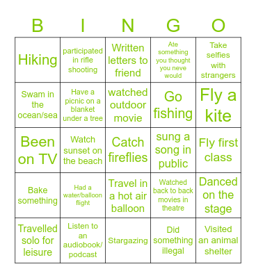 Bucket List Bingo Card