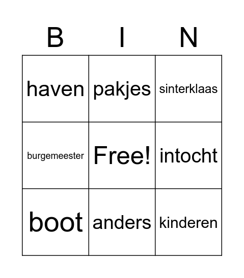 Intocht van sinterklaas Bingo Card