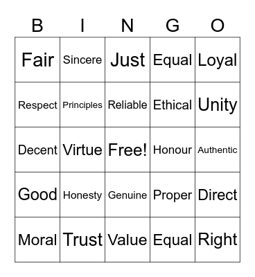 Integrity Bingo Card