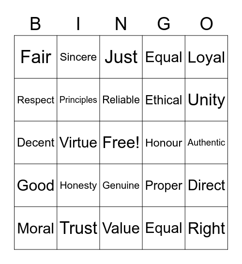 Integrity Bingo Card