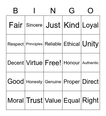 Integrity Bingo Card