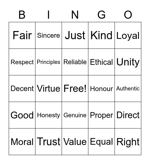 Integrity Bingo Card