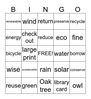 Green/Library Vocabulary Bingo Card